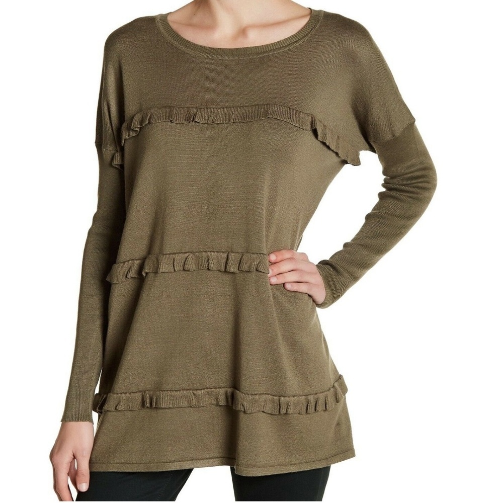 Solutions Olive Green Triple Ruffle Sweater Tunic